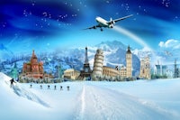 a plane is flying over a snowy landscape