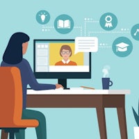 a woman is sitting at a desk with icons on her computer screen