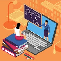 a woman is sitting on a laptop with a blackboard in front of her